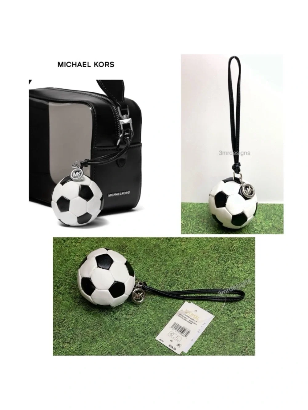 NWT MICHAEL KORS SOCCER BALL Silver-Tone Faux Leather & Nappa Leather Bag Charm